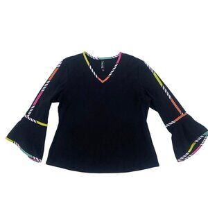 Berek Women's Size L Black V Neck Long Sleeve Shirt Colorful Trim
